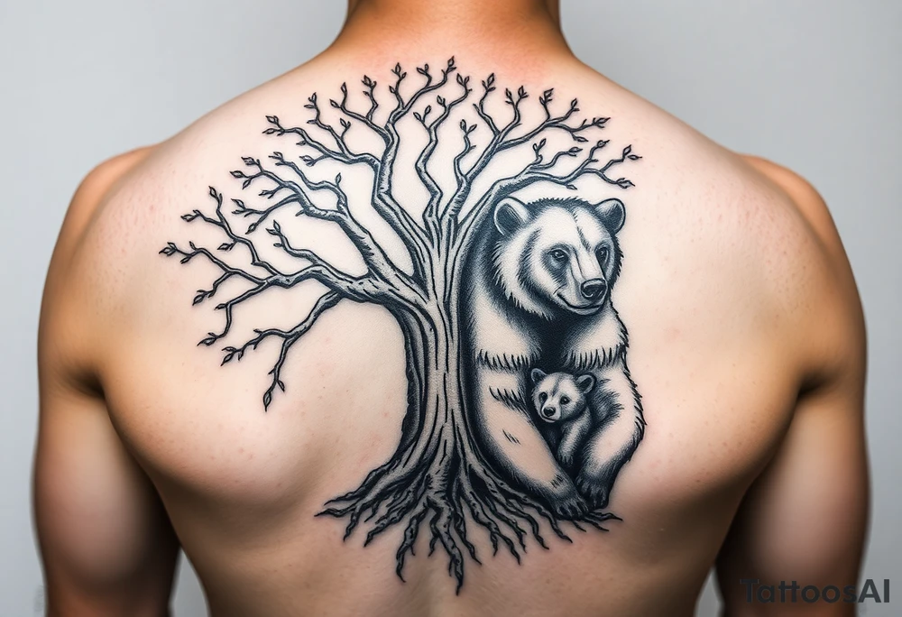 Tree of life with root detail and a realistic mother bear with her cub tattoo idea