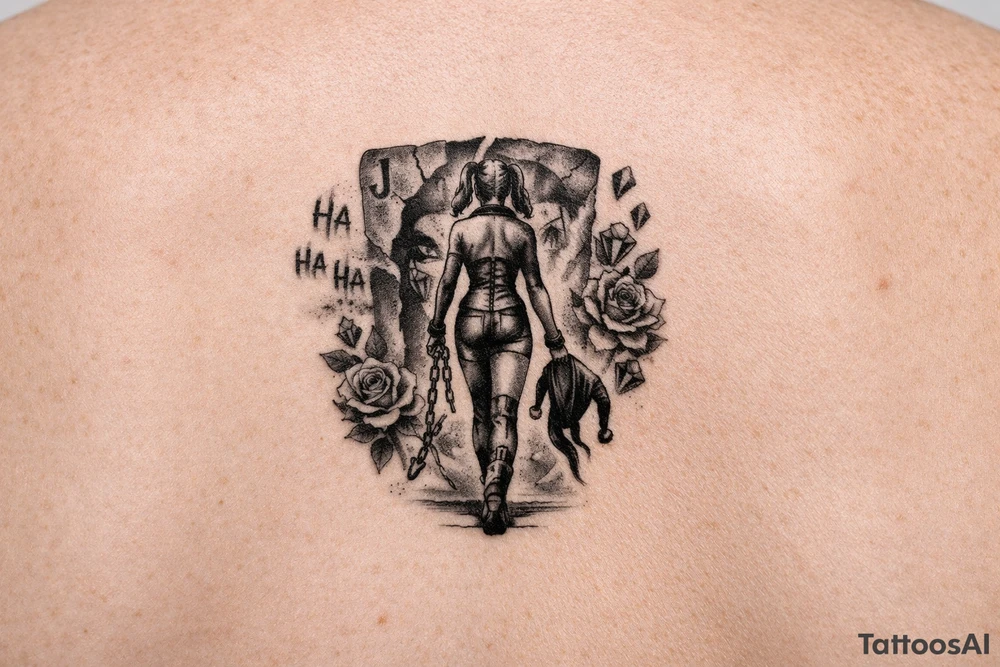 A black-and-grey rib tattoo showing Harley walking forward with her back turned to a torn Joker card behind her. One broken chain falls from her wrist, while her jester hood hangs loosely from her hand—showing that she is leaving the old version of herself behind. The words “Ha Ha Ha” fade near the Joker card, while diamonds and roses flow upward alongside Harley. tattoo idea