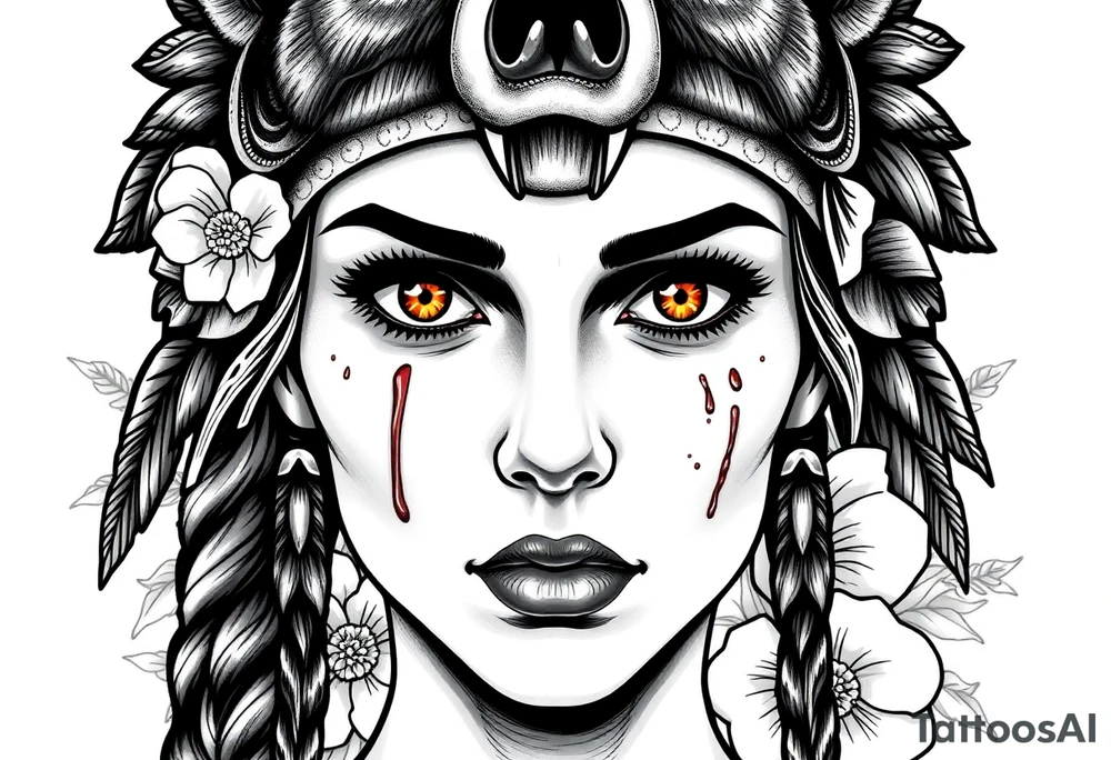 Young Symmetrical Beautiful Woman, looking forward, with colored eyes, shedding a tear, with battle scars and blood on face, with soft look, wearing a mean looking bear headdress on head, with flower background tattoo idea