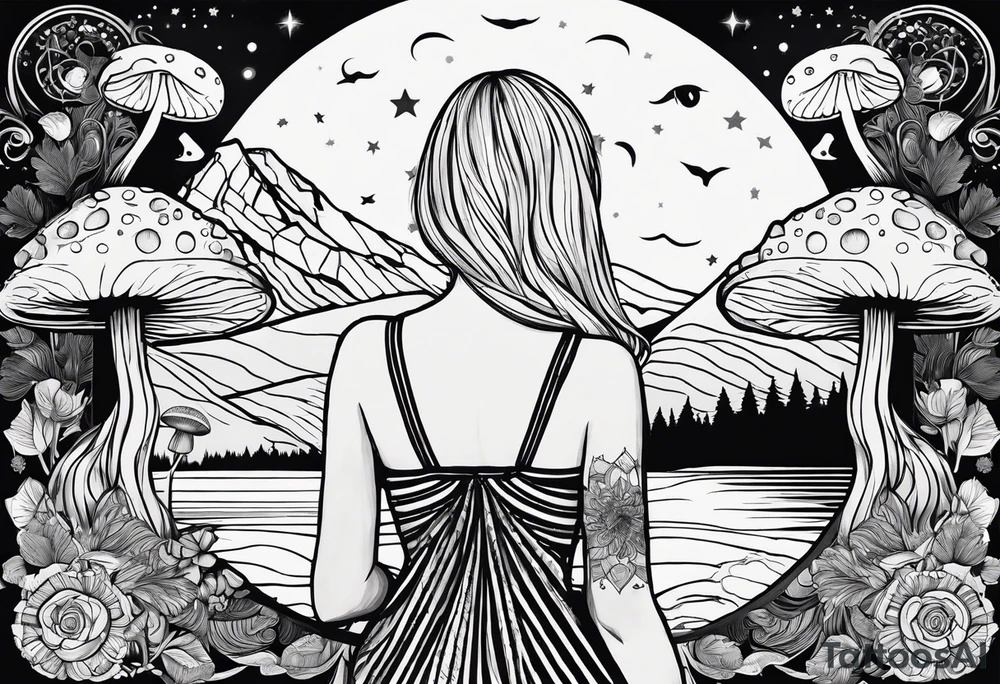 Straight blonde hair girl facing away toward mountains surrounded by mushrooms crescent moon mandala circular design black and white striped dress tattoo idea