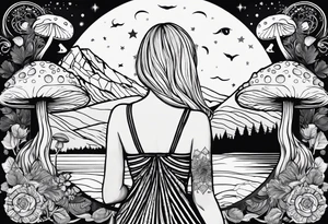 Straight blonde hair girl facing away toward mountains surrounded by mushrooms crescent moon mandala circular design black and white striped dress tattoo idea