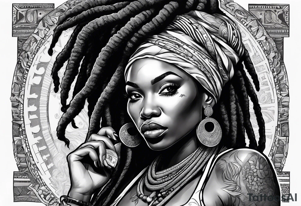 African woman with dreads medusa biting money tattoo idea