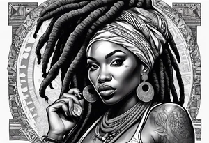 African woman with dreads medusa biting money tattoo idea
