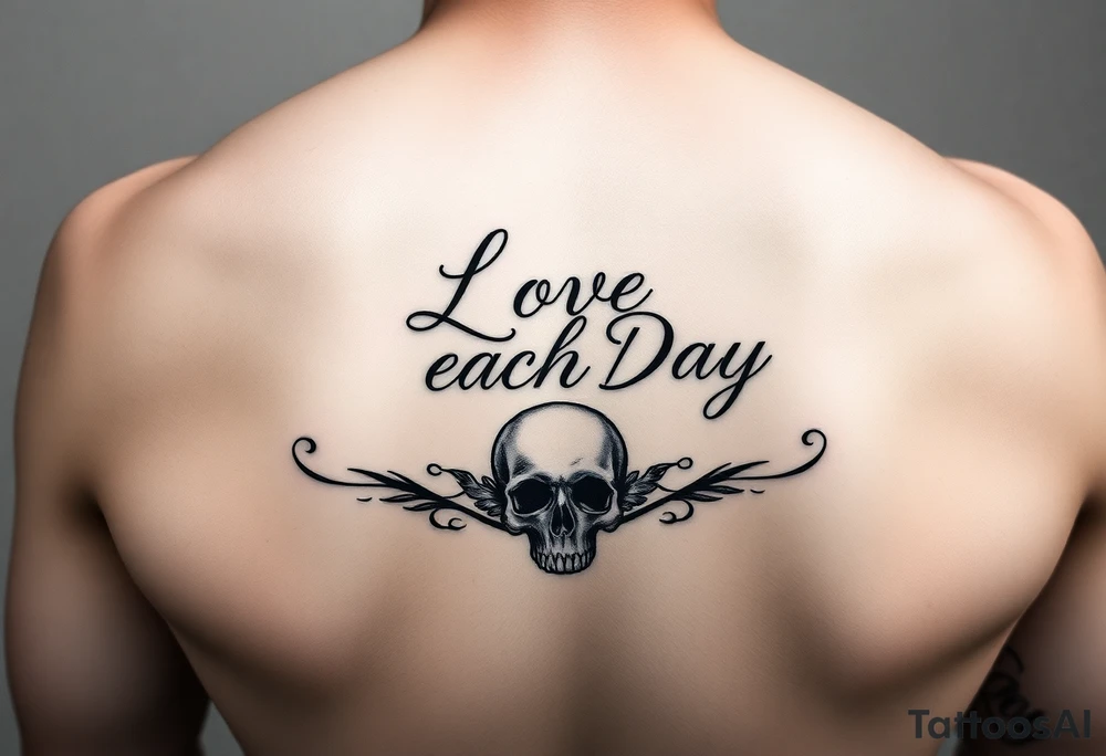 Love Each Day woman forearm tattoo with a skull border tattoo idea
