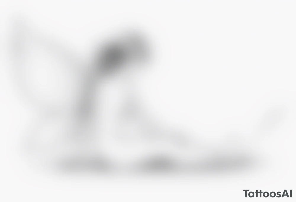 Minimalistic, monochromatic fairy with a tail flying to the left in a fetal position, leaning and looking in the same direction, with visible hands, embodying the 'Fairy Tail' logo aesthetic. tattoo idea