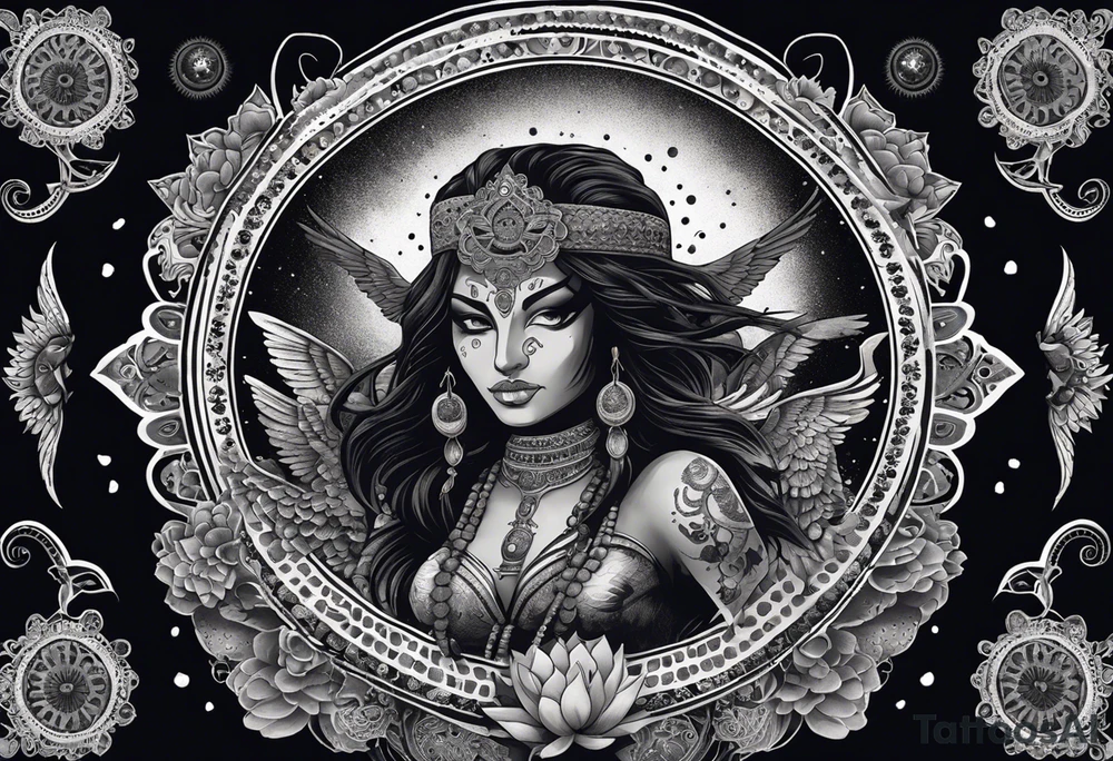 black kali, goddess pirate, alien, angel, pachamama, valkrye, warrior, flying, skull, lotus azul, wing, eagle, zenza resonance, stars, 5D, anahata chakra, death, durga, riding on a tiger, flying lady, kundalini, chest tatoo, samuri, rebel,serpent tattoo idea