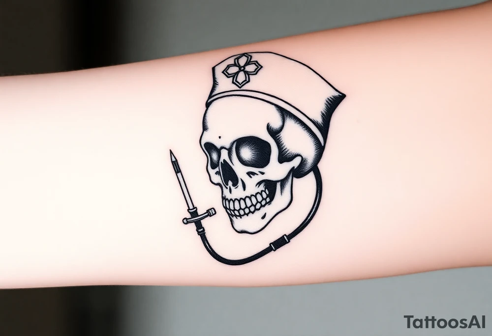 Skull 
nurse hat and a needle and stethoscope  in an elaborate vintage cameo tattoo idea