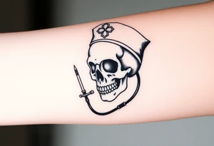 Skull 
nurse hat and a needle and stethoscope  in an elaborate vintage cameo tattoo idea