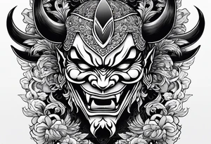 Um homem com a cabeça raspada usando uma máscara de hannya tattoo idea