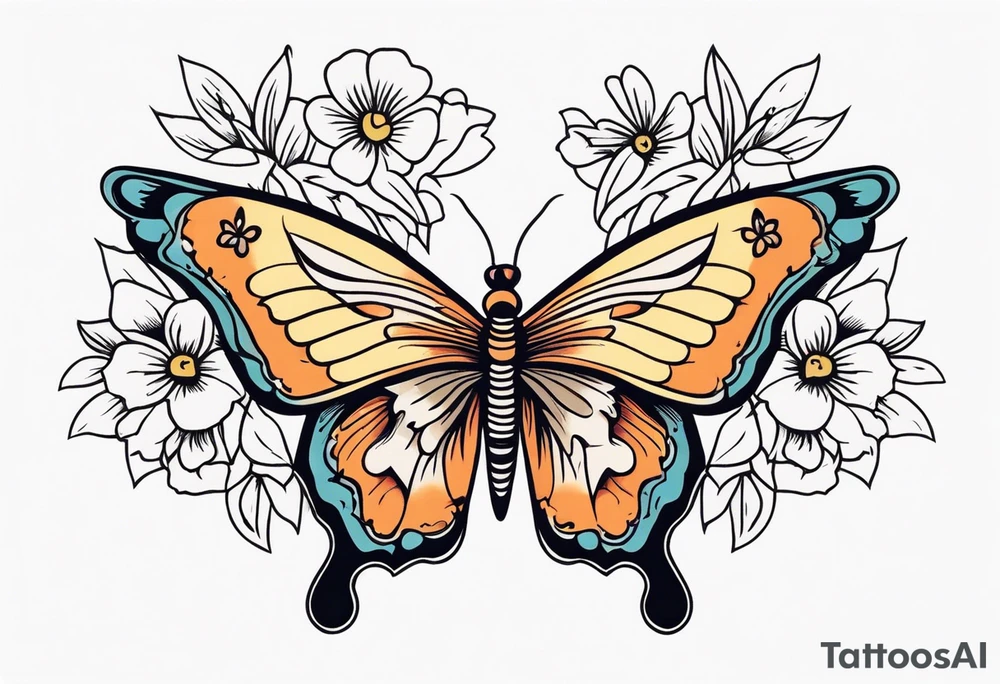 butterfly 
with flowers around it vintage old school traditional tattoo idea