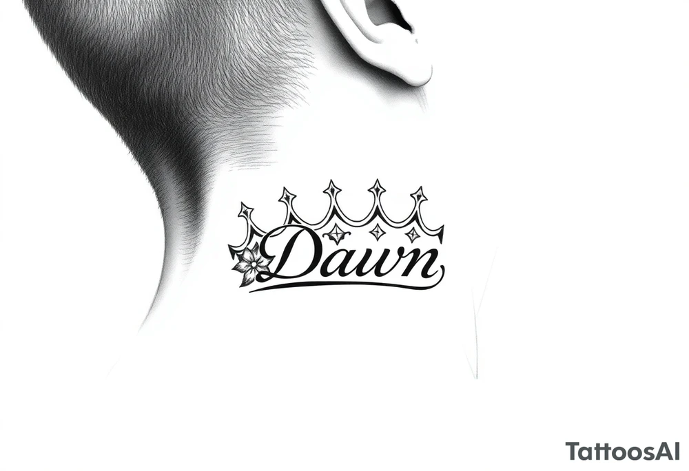 Crown with name Dawn on side of neck tattoo idea