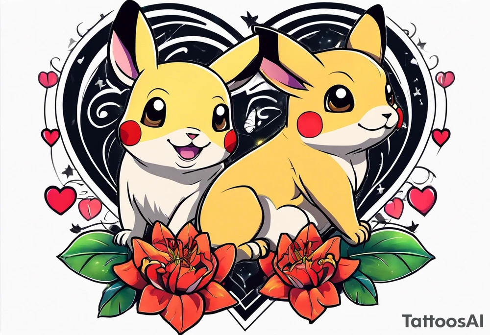 Pickachu and lioness with lilies hearts and music notes tattoo idea