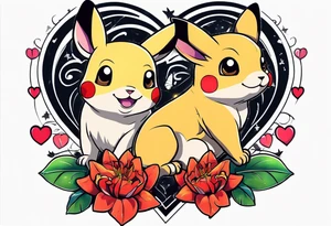 Pickachu and lioness with lilies hearts and music notes tattoo idea