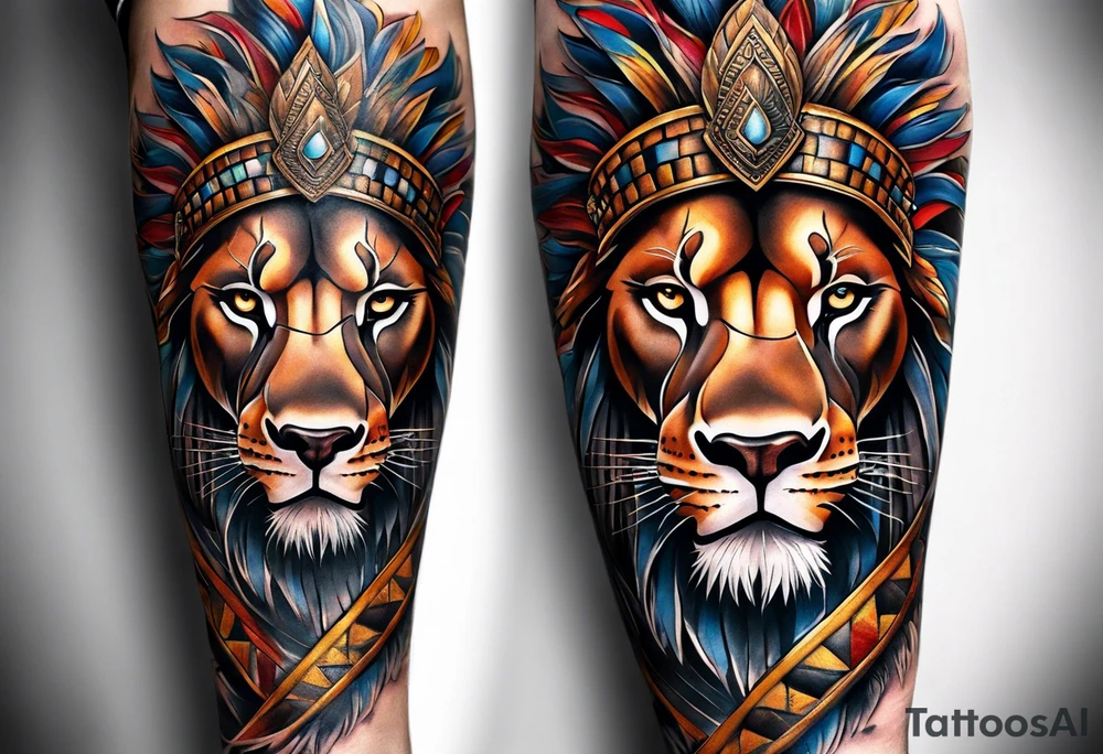 Forearm tattoo of a African warrior with a lion tattoo idea