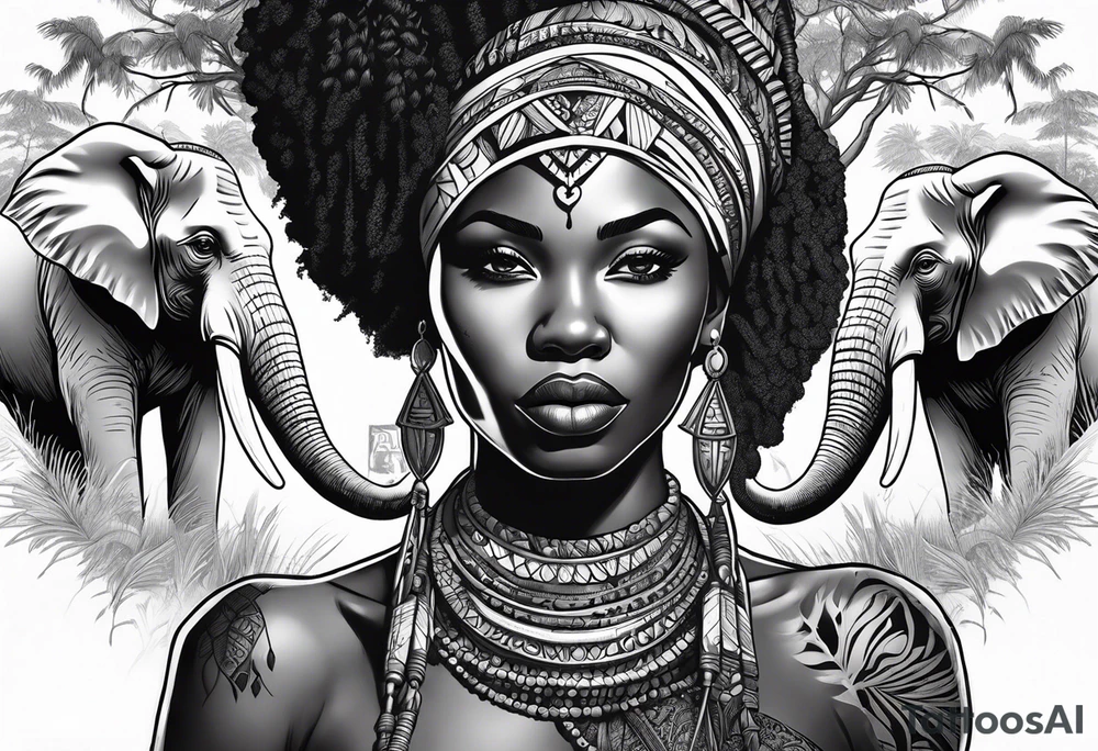 African woman warrior holding spear with ear rings and trees and brids and elephants in the background tattoo idea