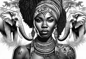 African woman warrior holding spear with ear rings and trees and brids and elephants in the background tattoo idea