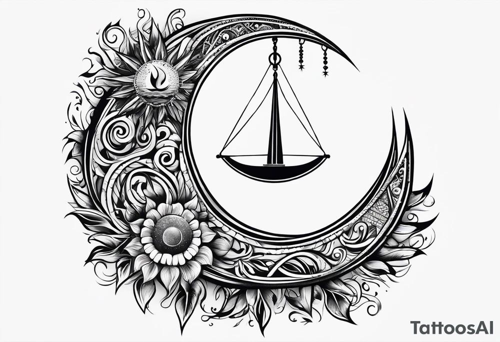 Small fire with sun rays on top over a half moon tattoo idea