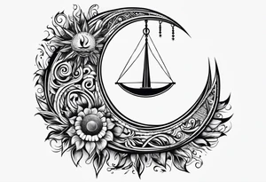 Small fire with sun rays on top over a half moon tattoo idea
