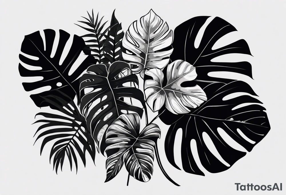 I want a monochrome tattoo in black gradients featuring a snake subtly hidden among the leaves of Raphidophora and Monstera. The snake should be coiled and partially visible, blending harmoniously with the detailed, large leaves of the plants. The Monstera leaves should have natural holes, while the Raphidophora leaves should be long and pointed. The overall style of the tattoo should be realistic, with shading and black gradients to create an elegant and mysterious effect." tattoo idea