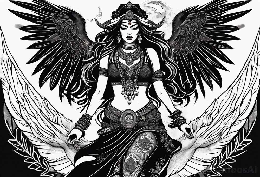 black kali, goddess pirate, alien, angel, pachamama, valkrye, warrior, flying, skull, lotus azul, wing, eagle, zenza resonance, stars, 5D, anahata chakra, death, durga, riding on a tiger, flying lady, kundalini, chest tatoo, rebel tattoo idea