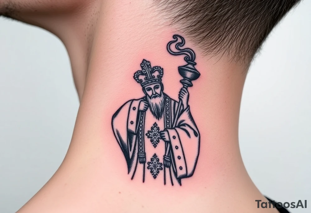 Russian Orthodox Priest in a fully detailed gold vestment swinging a censer with smoke curling upward tattoo idea