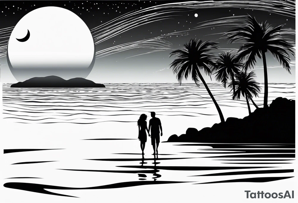 silhouette of two people holding hands on beach water with moon and palm trees tattoo idea