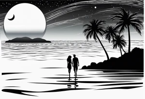 silhouette of two people holding hands on beach water with moon and palm trees tattoo idea