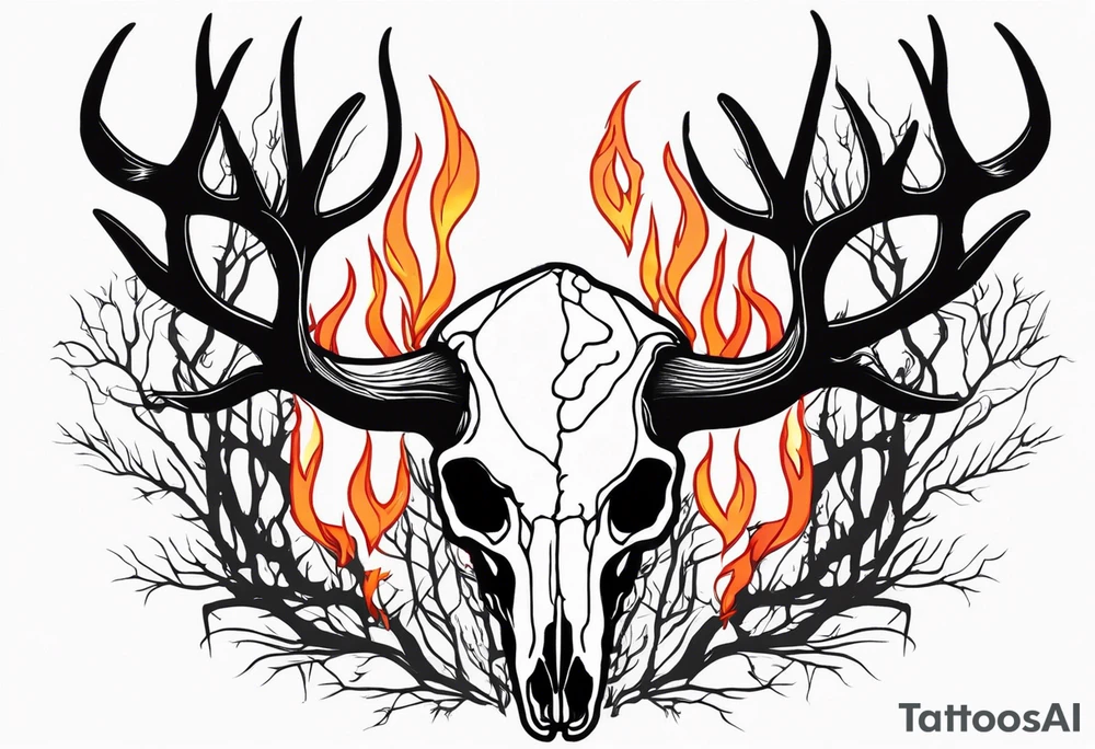 side profile of a DECAYING deer skull JUST BONE lore accurate wendigo surrounded by a flames and trees tattoo idea