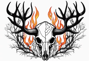 side profile of a DECAYING deer skull JUST BONE lore accurate wendigo surrounded by a flames and trees tattoo idea