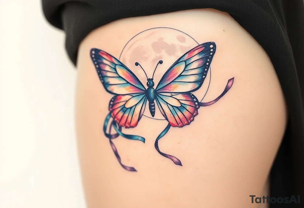 ethereal butterfly with flowing silk ribbons in full moon tattoo idea