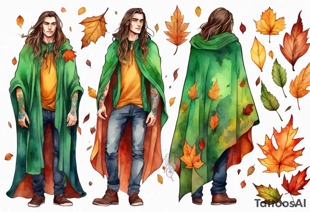 A young handsome man with green skin and long hair wearing a colorful cloak surrounded by autumn leaves tattoo idea