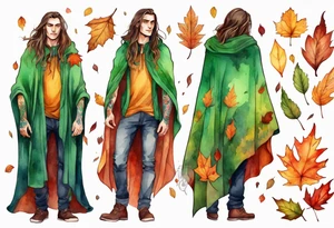 A young handsome man with green skin and long hair wearing a colorful cloak surrounded by autumn leaves tattoo idea