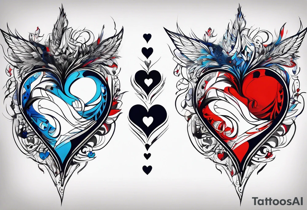 create a tattoo for men chest, the tattoo would be a big broken heart with red and blue colors, and around the heart, would be blue and red tribal shapes tattoo idea