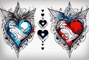 create a tattoo for men chest, the tattoo would be a big broken heart with red and blue colors, and around the heart, would be blue and red tribal shapes tattoo idea