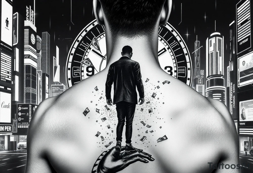 dark futuristic back tattoo, lonely man standing in a neon city, giant broken clock behind him, holographic money dissolving into particles, ghost silhouette of a woman disappearing, emotional storytelling tattoo, cyberpunk style, ultra detailed full back piece tattoo idea