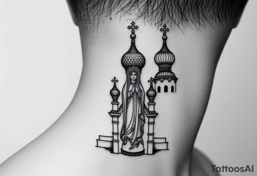medium sized Russian orthodox church with bulb domes with a prominent russian orthodox style virgin mary stood tattoo idea