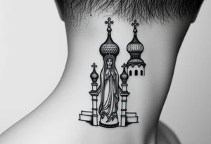 medium sized Russian orthodox church with bulb domes with a prominent russian orthodox style virgin mary stood tattoo idea
