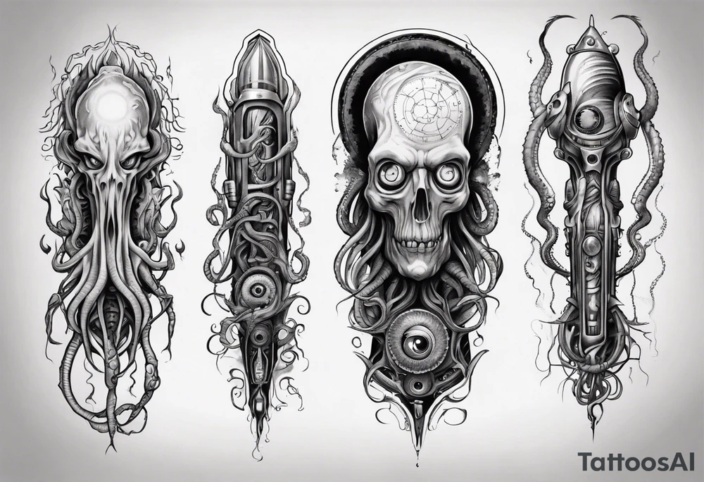 lovecraft long tattoo to put on the forearm, with eye and tentacle tattoo idea