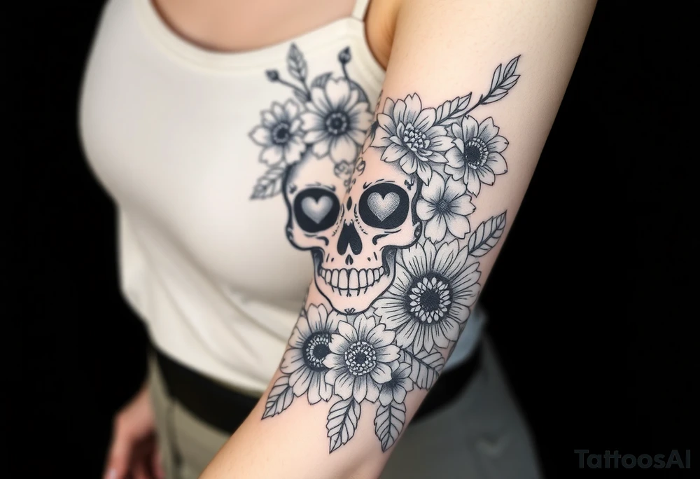 A half sleeve with Gothic pretty skull with heart shaped eyes surrounded by wildflowers and peonies and sunflowers tattoo idea