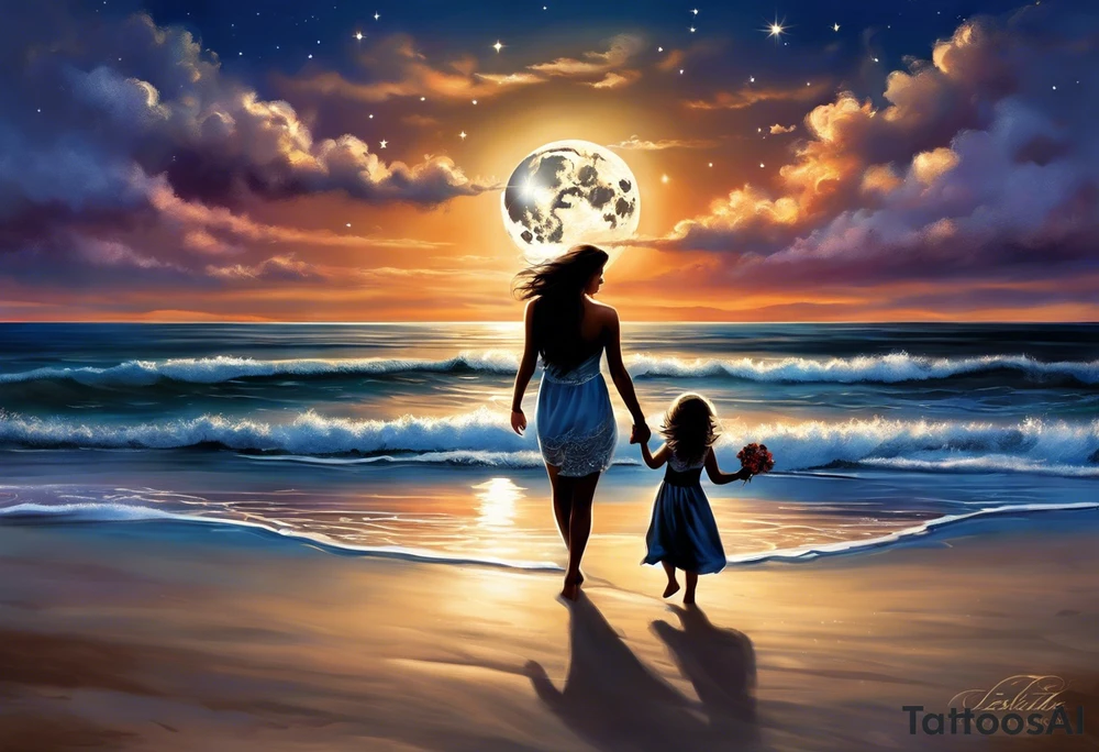 Create a stunning image of a realistic tattoo design that features a husband and wife holding hands, accompanied by their two children, walking along a beautiful beach. The moon shines radiantly in the night sky, illuminating the serene scene. Let your creativity flourish as you envision the intricate details that bring this tattoo to life, encapsulating the essence of love, family, and the awe-inspiring beauty of nature. tattoo idea