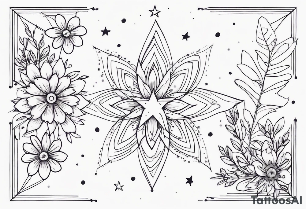 fine line with stars, floral, dots tattoo idea