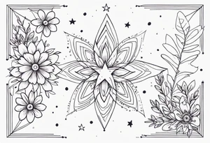 fine line with stars, floral, dots tattoo idea