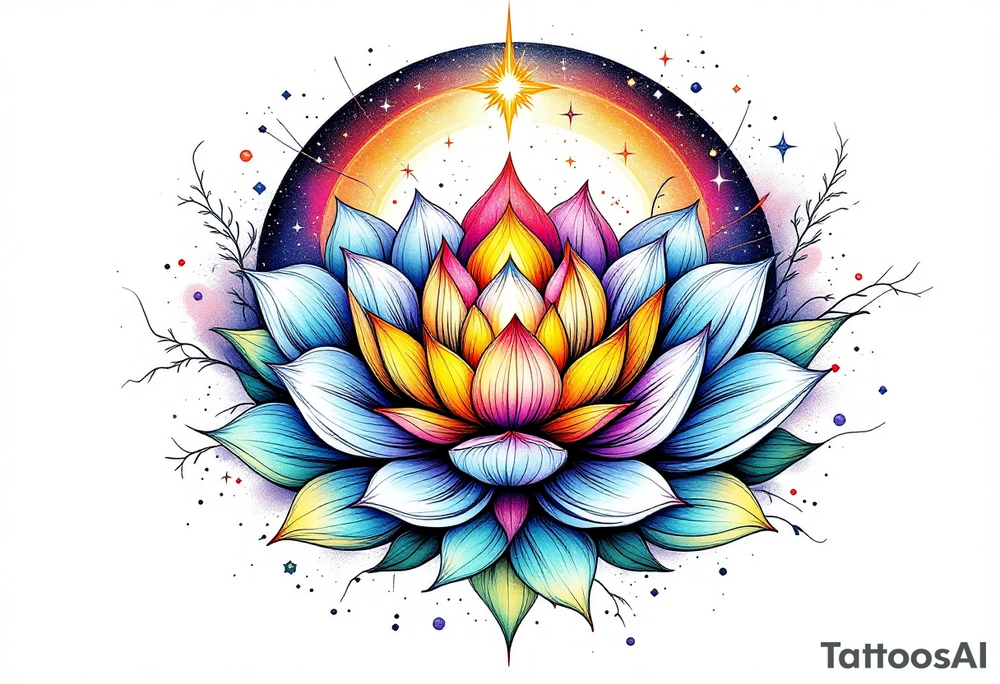 small colorful celestial with lotus flower tattoo idea