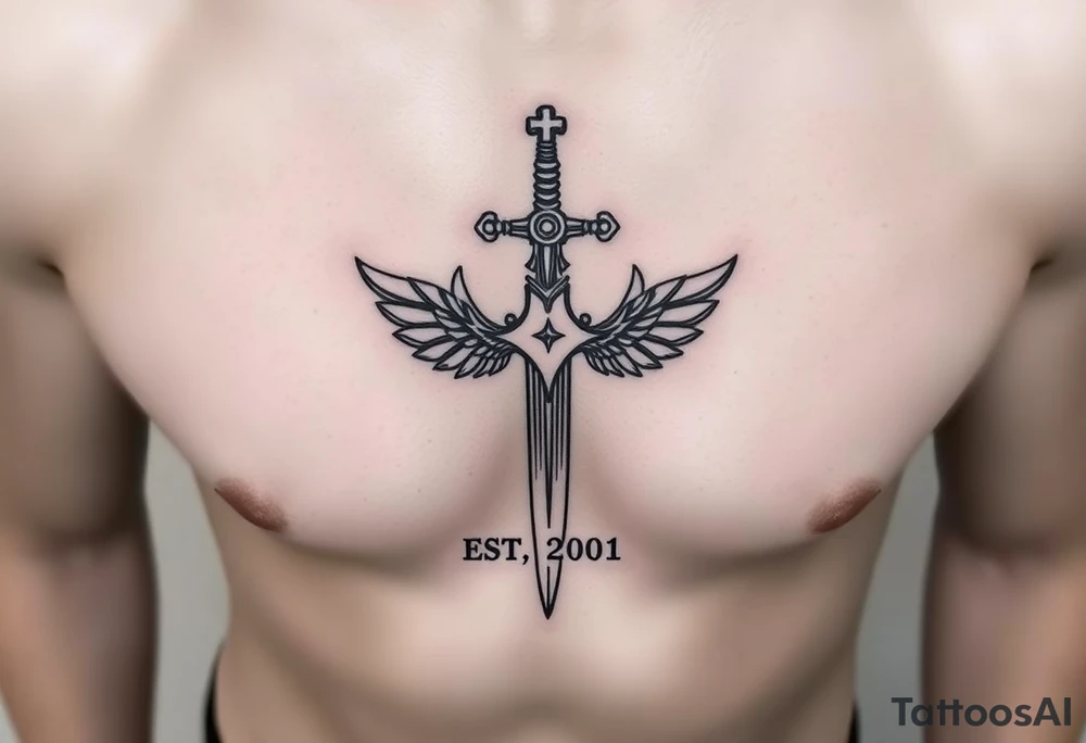 Russian inspired cross looking sword under nippleline with “EST 2001” below the belly button tattoo idea