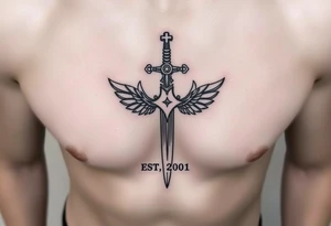 Russian inspired cross looking sword under nippleline with “EST 2001” below the belly button tattoo idea