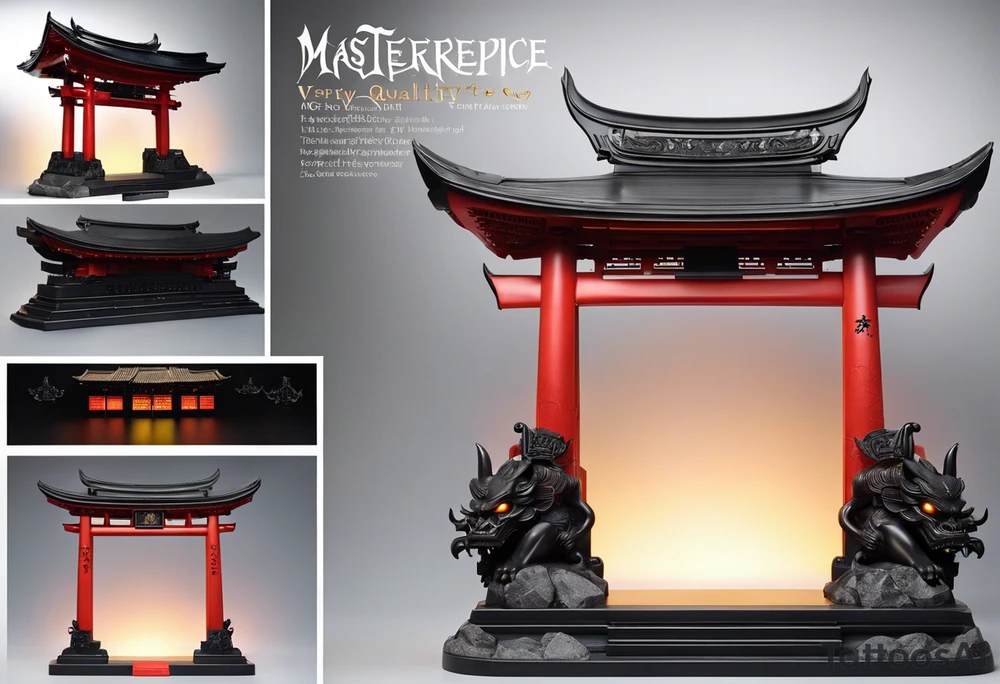very little torii gate in biomechanical style. 15% of size, placed in bottom 

Above the gate is a bust of Dominant demonic and formidable face with royal king features, has a slight evil grin and a devil fang teeth, similar to skull features, framed by deep-set glowing galaxy eyes, head has crown of prominent purple deep blue flames (Not standalone horns) with intricate recognizable swirling galaxy and peacock feather textures.

face has intricate swirling biomechanical tattoo texture. prominent colours are blue, violet, deep purple, with orange highlights.

face has braids hanging with feathers at end. face is 85% of size and is above gate tattoo idea