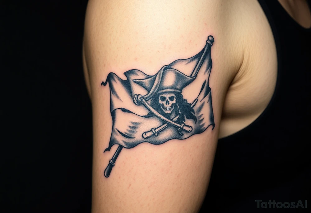 A tattered pirate flag with Jack Sparrow’s silhouette, flowing dramatically in the wind, done in black and gray ink with faint red highlights tattoo idea