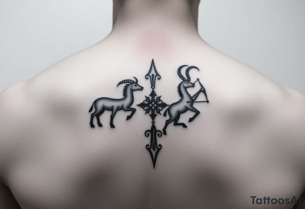 I would like a very small tattoo for behind the ear of the zodiac symbols for sagittarius and capricorn, in ONE combined tattoo. I DO NOT want the boad or the archer, I want the symbols combined into ONE very small tattoo tattoo idea