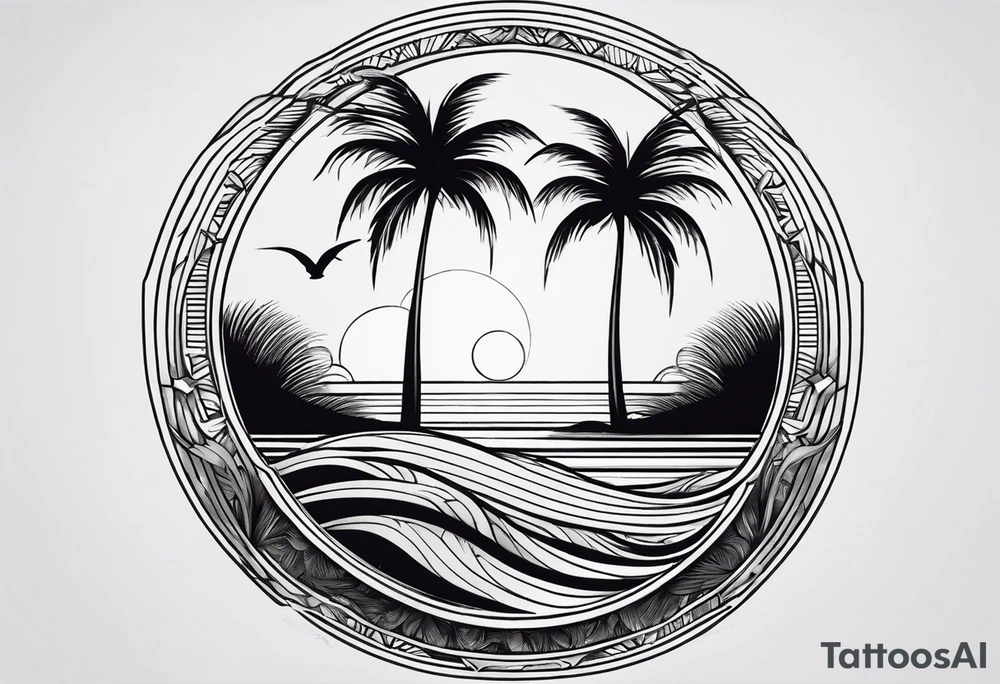 palm tree front of a sun and waves tattoo idea