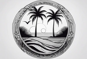 palm tree front of a sun and waves tattoo idea